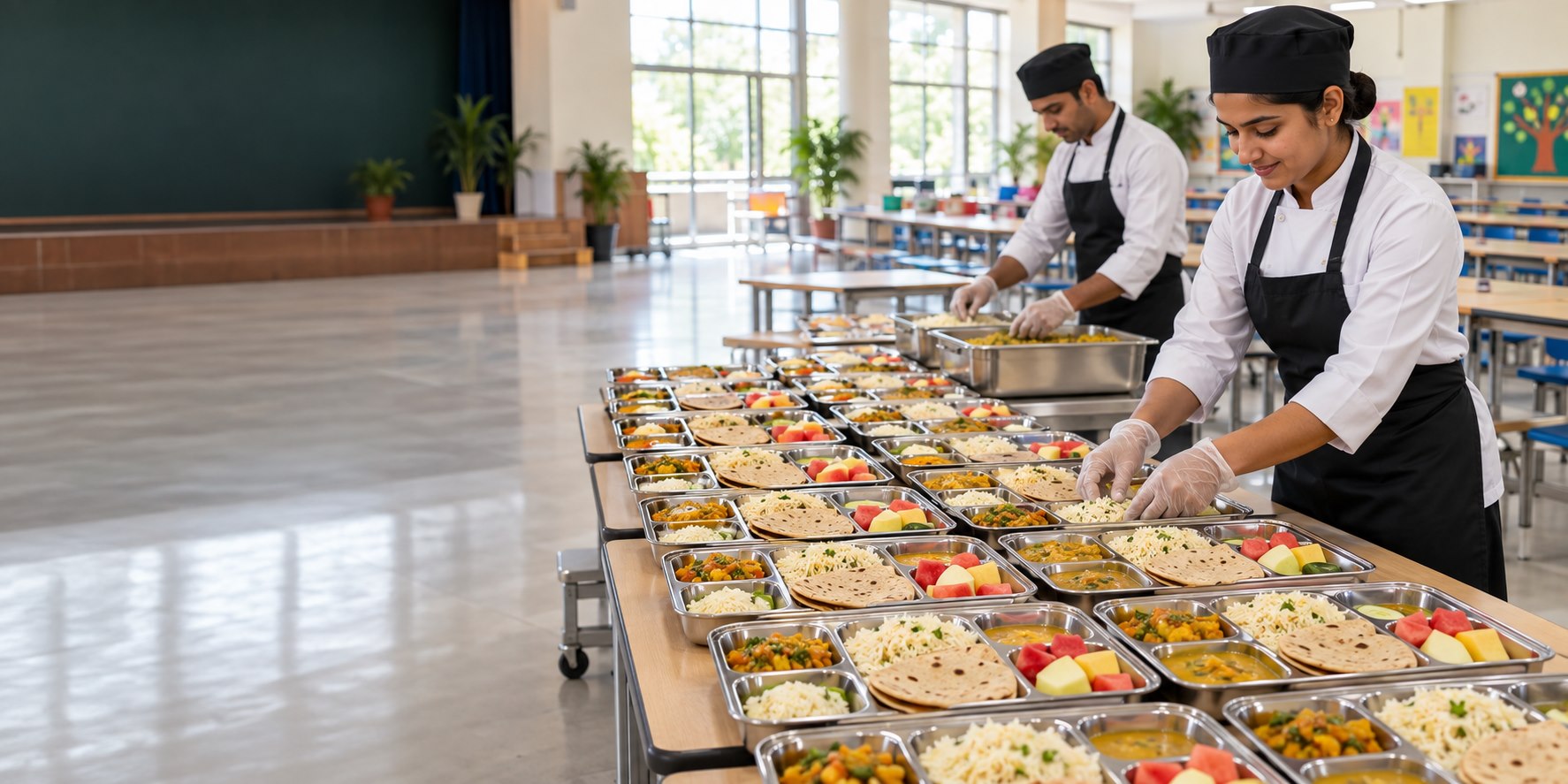Organised vegetarian meal trays for a school program