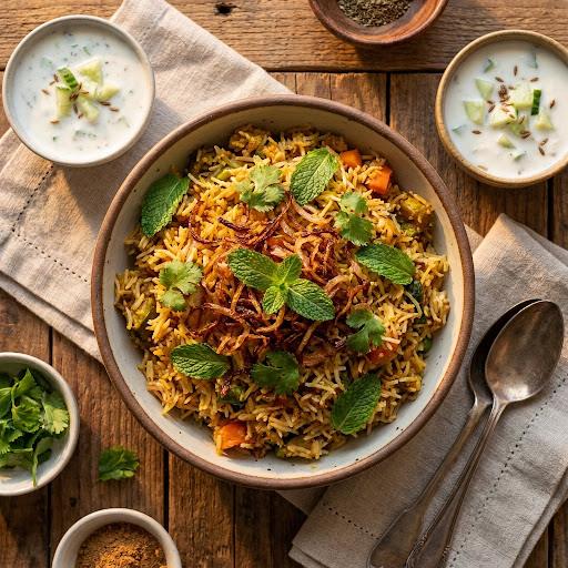 Vegetable biryani with raita